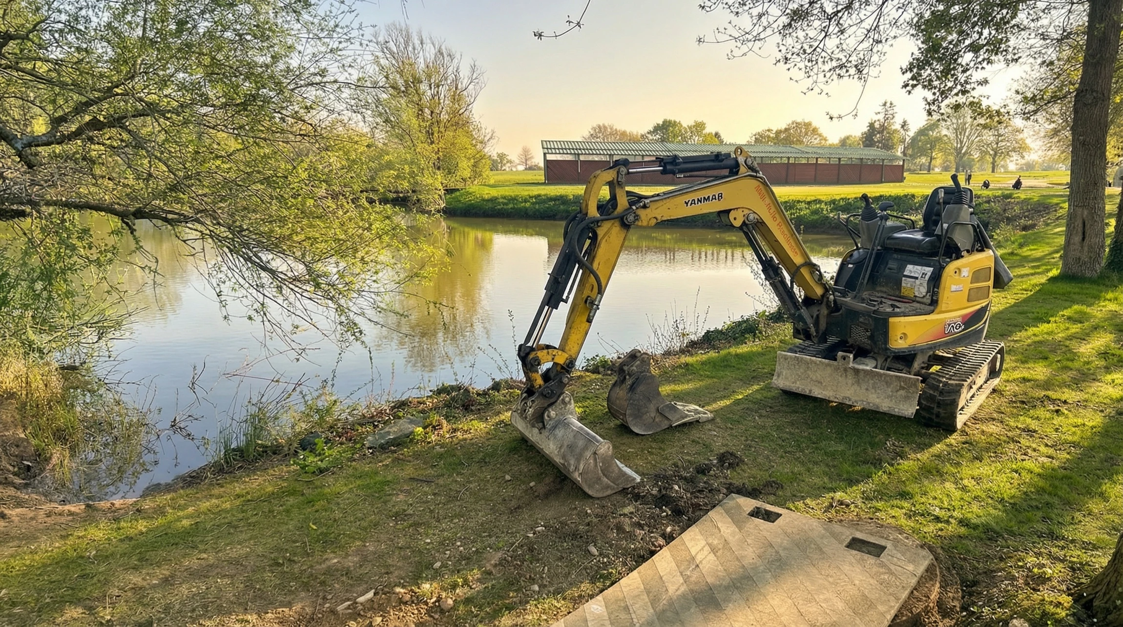 Chantier de terrassement au coucher du soleil avec pelleteuse hydraulique sur chenilles en activité