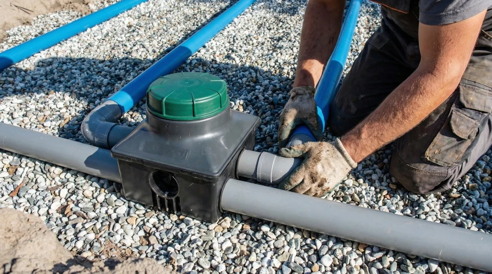 Deux techniciens en combinaisons bleues effectuent une intervention d'assainissement en extérieur sur terrain herbeux