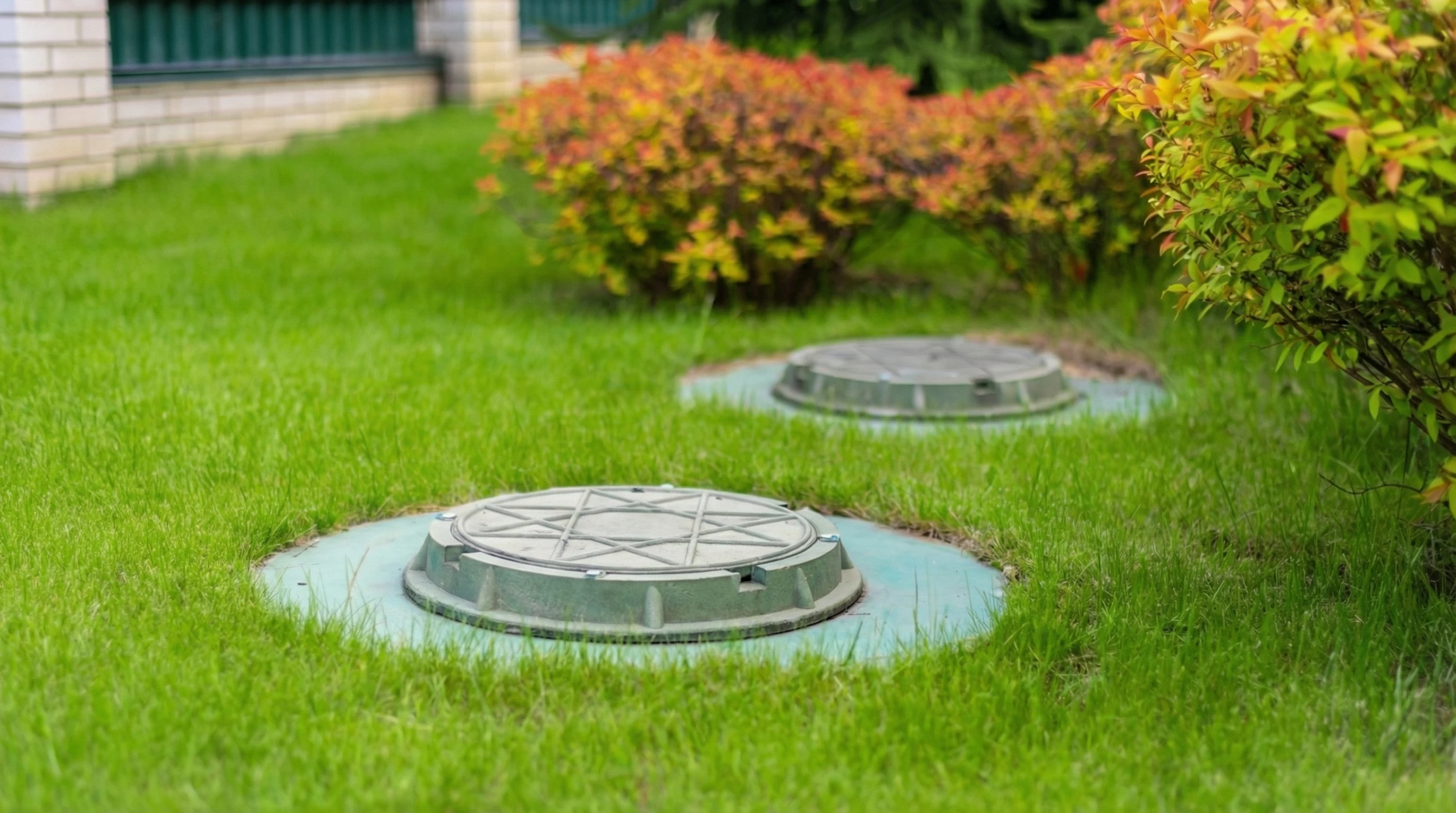 Scène extérieure de jardin résidentiel avec pelouse verte entretenue